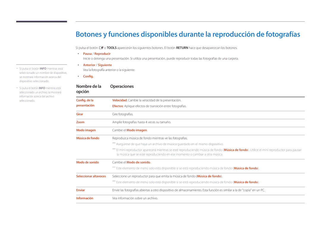 Samsung LH75OMDPWBC/EN, LH46OMDPWBC/EN, LH75OMDPKBC/EN, LH55OMDPWBC/EN, LH46OMDPKBC/EN manual Nombre de la Operaciones Opción 