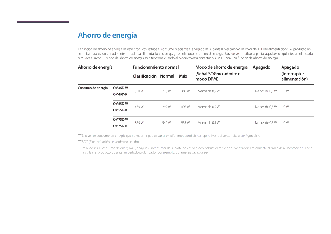 Samsung LH75OMDPWBC/EN manual Ahorro de energía, Apagado Señal SOGno admite el Interruptor, Máx Modo DPM Alimentación 