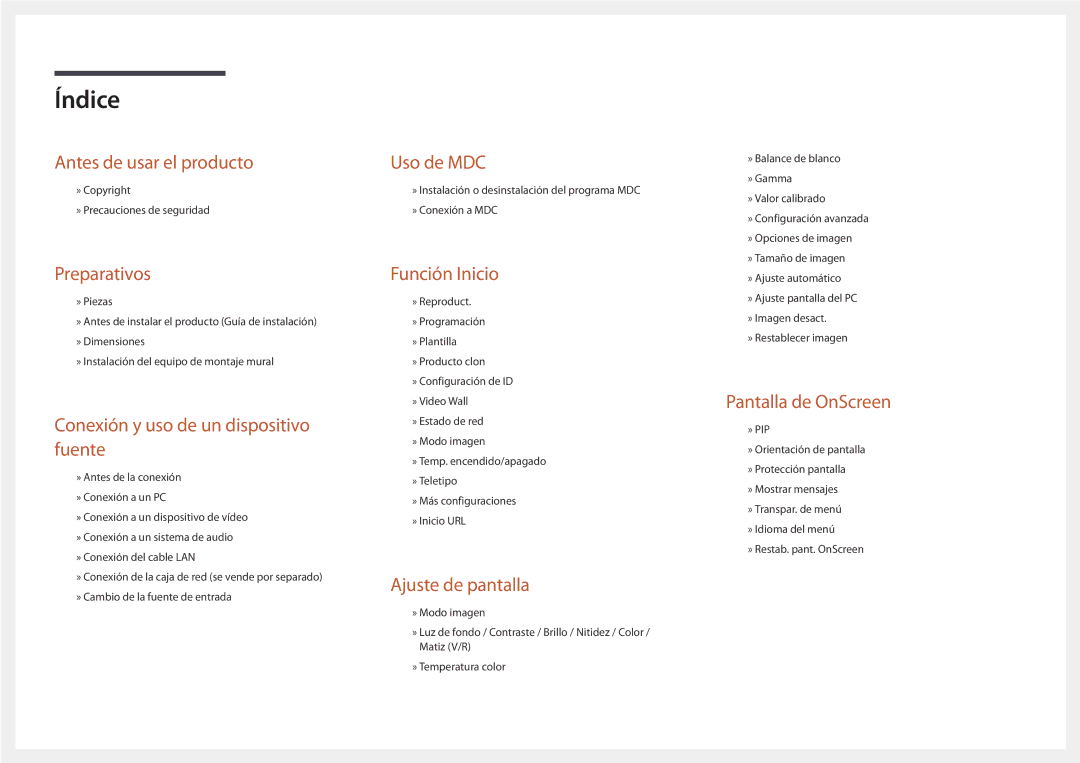 Samsung LH75OMDPKBC/EN, LH46OMDPWBC/EN, LH75OMDPWBC/EN, LH55OMDPWBC/EN, LH46OMDPKBC/EN, LH55OMDPKBC/EN manual Índice 