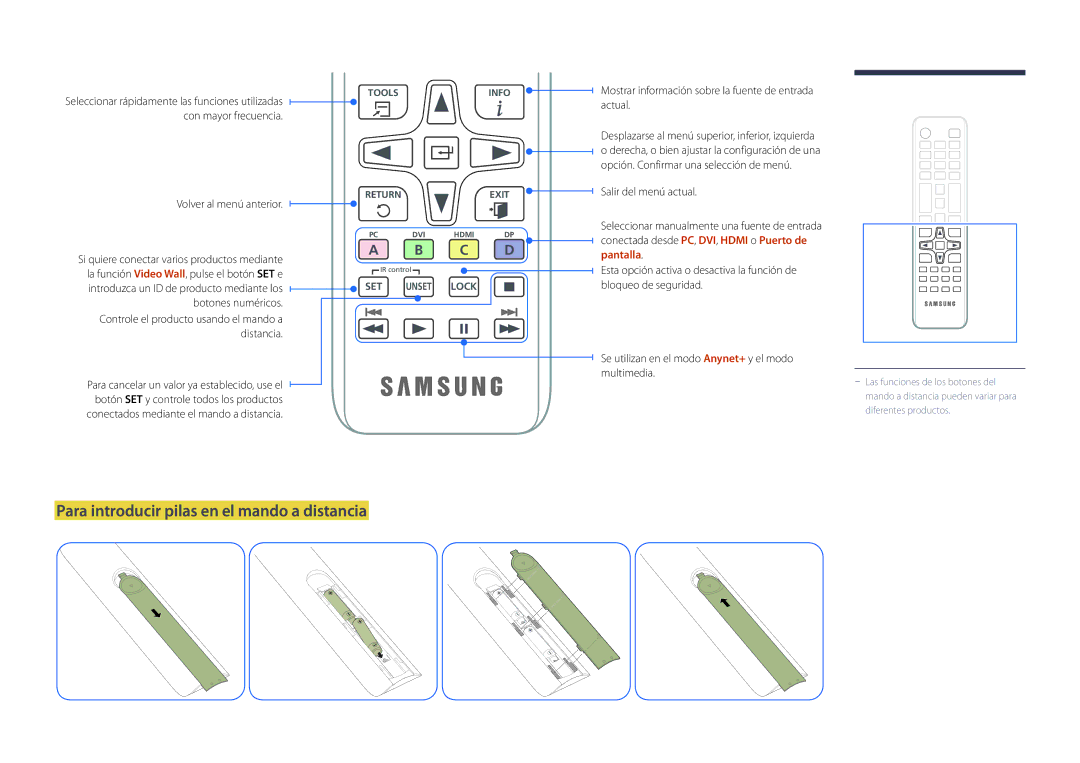 Samsung LH75OMDPKBC/EN, LH46OMDPWBC/EN manual Para introducir pilas en el mando a distancia, Volver al menú anterior 