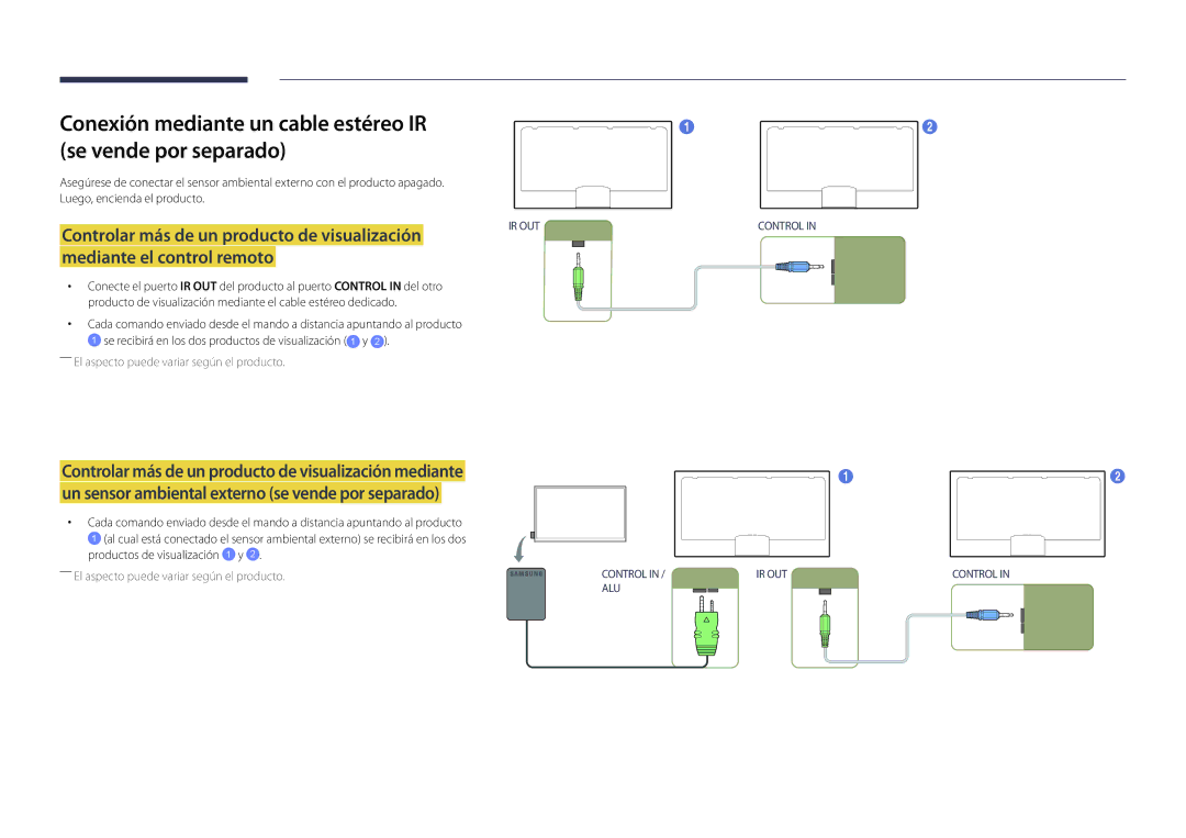 Samsung LH55OMDPWBC/EN manual Conexión mediante un cable estéreo IR Se vende por separado, Mediante el control remoto 