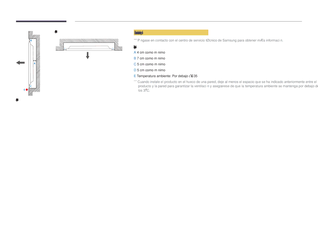 Samsung LH55OMDPKBC/EN, LH46OMDPWBC/EN, LH75OMDPWBC/EN, LH75OMDPKBC/EN Instalación en un hueco en la pared, Vista superior 