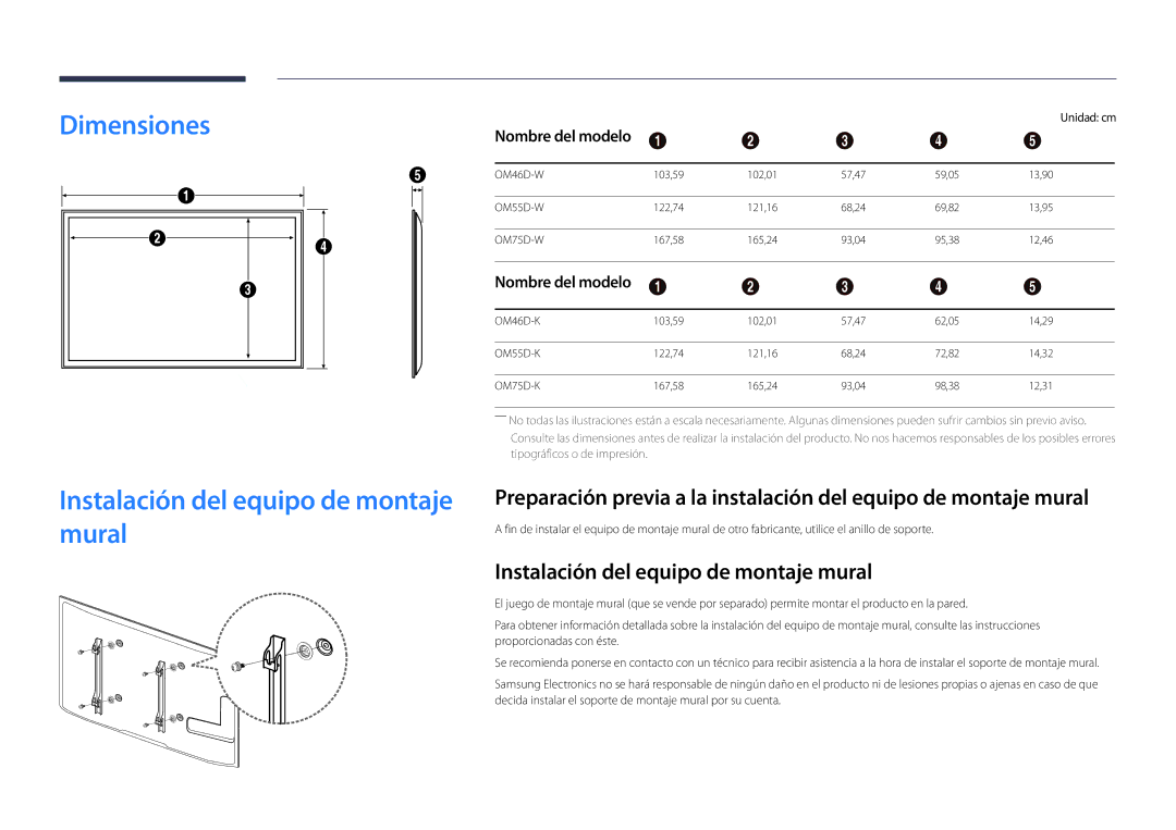 Samsung LH46OMDPWBC/EN, LH75OMDPWBC/EN manual Dimensiones Instalación del equipo de montaje mural, Nombre del modelo 