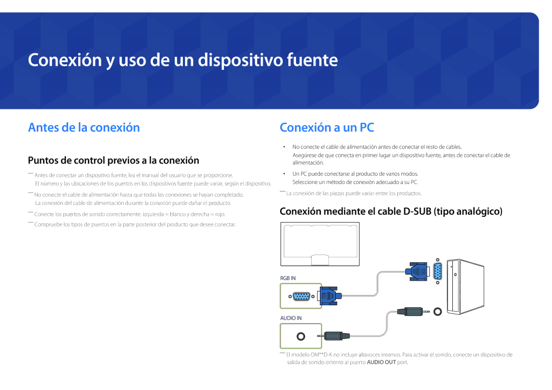 Samsung LH75OMDPKBC/EN, LH46OMDPWBC/EN Conexión y uso de un dispositivo fuente, Antes de la conexión, Conexión a un PC 