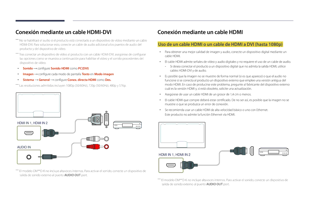 Samsung LH46OMDPWBC/EN Uso de un cable Hdmi o un cable de Hdmi a DVI hasta 1080p, Sonido configure Sonido Hdmi como Pcdvi 