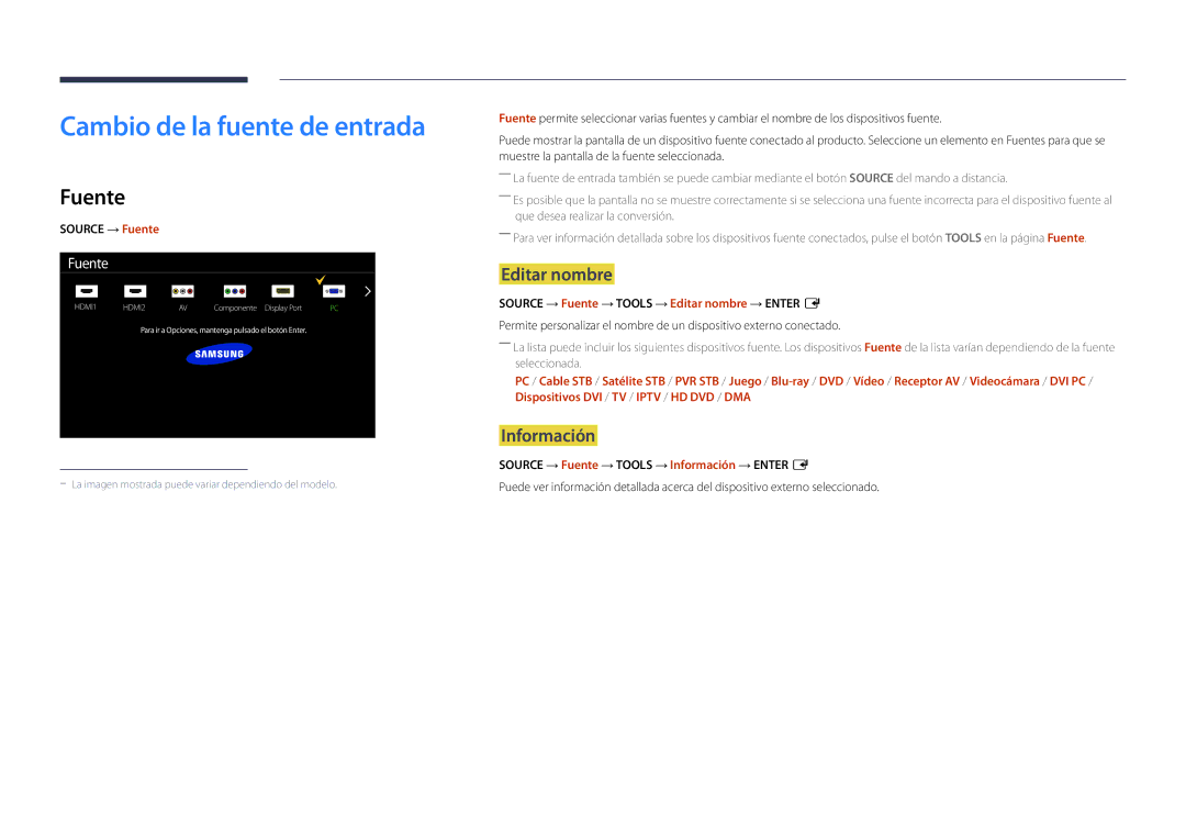 Samsung LH75OMDPWBC/EN, LH46OMDPWBC/EN, LH75OMDPKBC/EN Cambio de la fuente de entrada, Fuente, Editar nombre, Información 