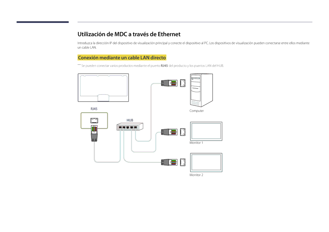 Samsung LH46OMDPKBC/EN, LH46OMDPWBC/EN Utilización de MDC a través de Ethernet, Conexión mediante un cable LAN directo 