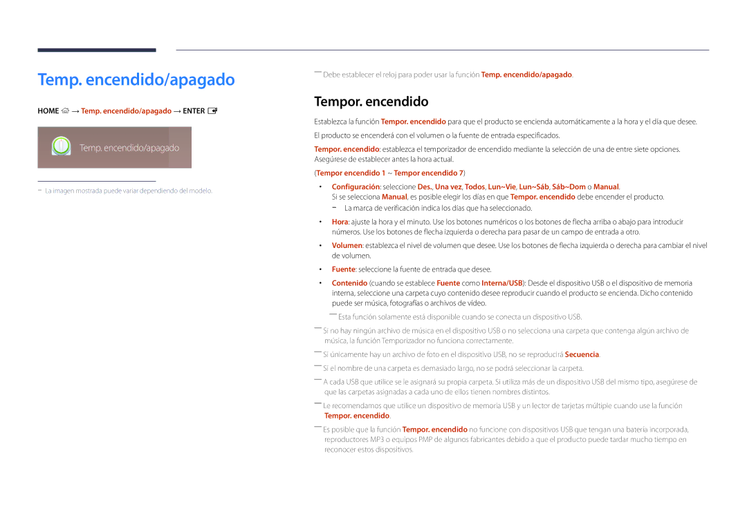 Samsung LH75OMDPKBC/EN, LH46OMDPWBC/EN, LH75OMDPWBC/EN manual Tempor. encendido, Home → Temp. encendido/apagado → Enter E 