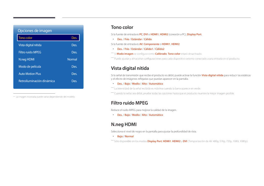 Samsung LH75OMDPKBC/EN, LH46OMDPWBC/EN, LH75OMDPWBC/EN manual Tono color, Vista digital nítida, Filtro ruido Mpeg, Neg Hdmi 