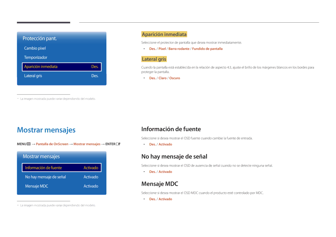 Samsung LH75OMDPKBC/EN, LH46OMDPWBC/EN manual Mostrar mensajes, Información de fuente, No hay mensaje de señal, Mensaje MDC 