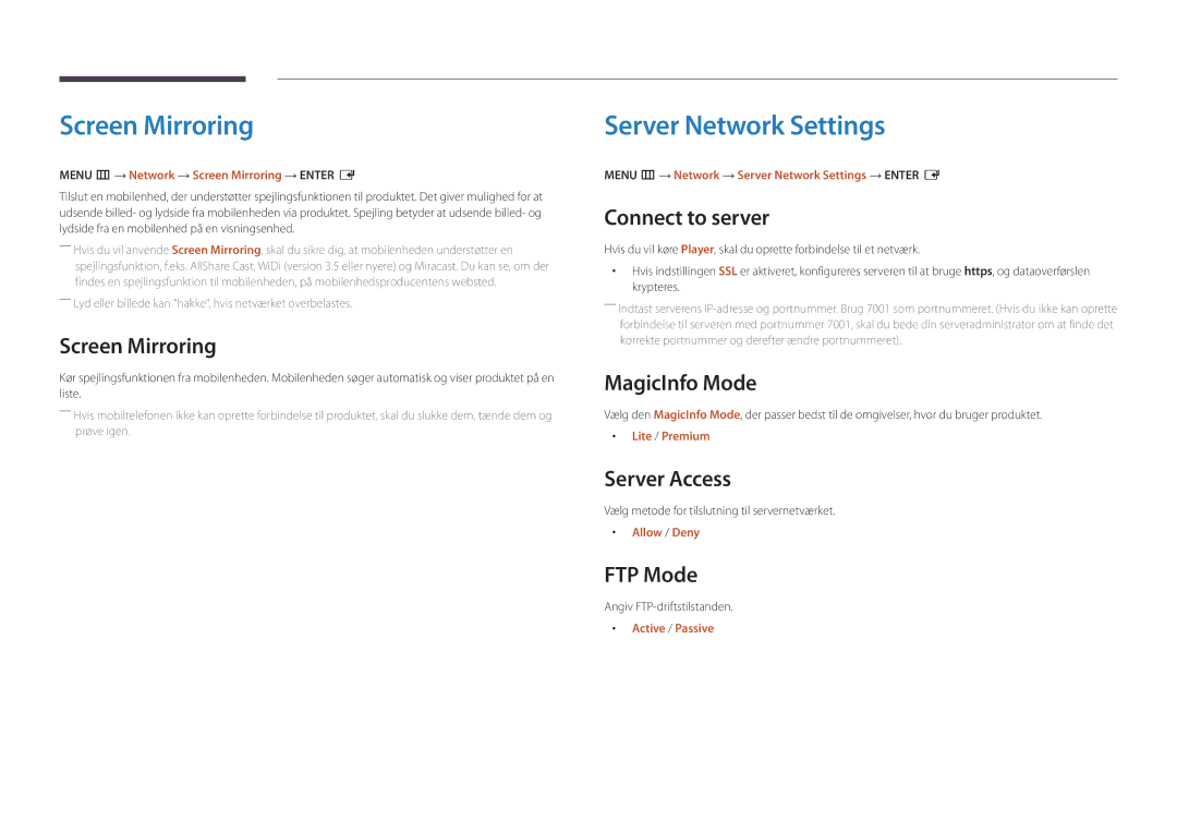 Samsung LH55OMDPKBC/EN, LH46OMDPWBC/EN, LH75OMDPWBC/EN, LH75OMDPKBC/EN manual Screen Mirroring, Server Network Settings 