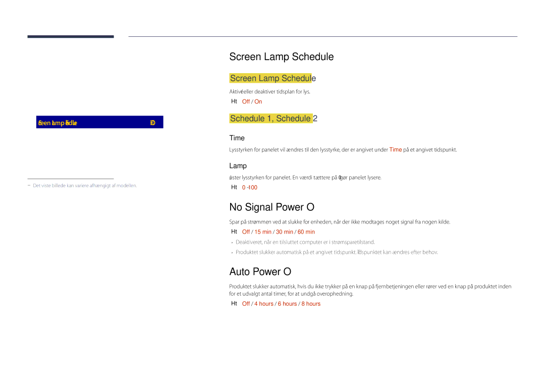 Samsung LH75OMDPKBC/EN, LH46OMDPWBC/EN Screen Lamp Schedule, No Signal Power Off, Auto Power Off, Schedule 1, Schedule 