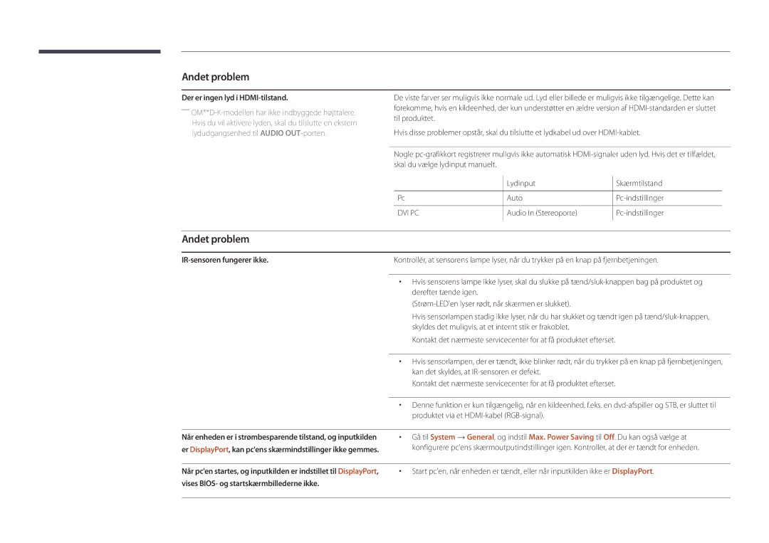 Samsung LH75OMDPKBC/EN Der er ingen lyd i HDMI-tilstand, Audio In Stereoporte Pc-indstillinger, IR-sensoren fungerer ikke 