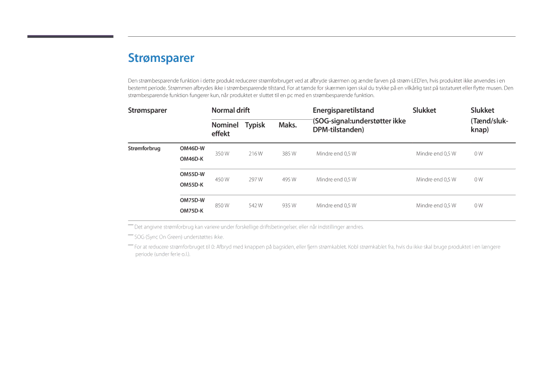 Samsung LH75OMDPWBC/EN, LH46OMDPWBC/EN manual Strømsparer Normal drift Energisparetilstand Slukket, Tænd/sluk, Nominel 