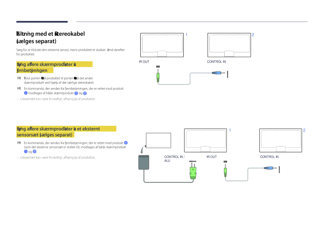 Samsung LH55OMDPWBC/EN manual Tilslutning med et IR-stereokabel Sælges separat, Styring af flere skærmprodukter via 