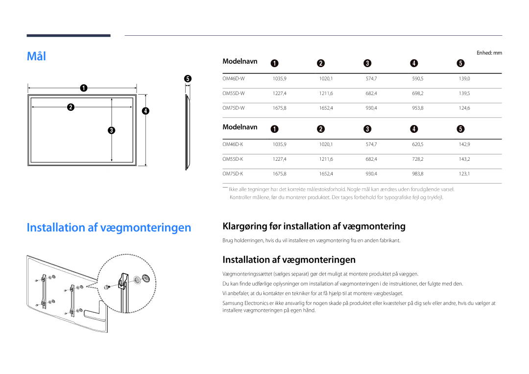 Samsung LH46OMDPWBC/EN manual Mål Installation af vægmonteringen, Klargøring før installation af vægmontering, Modelnavn 