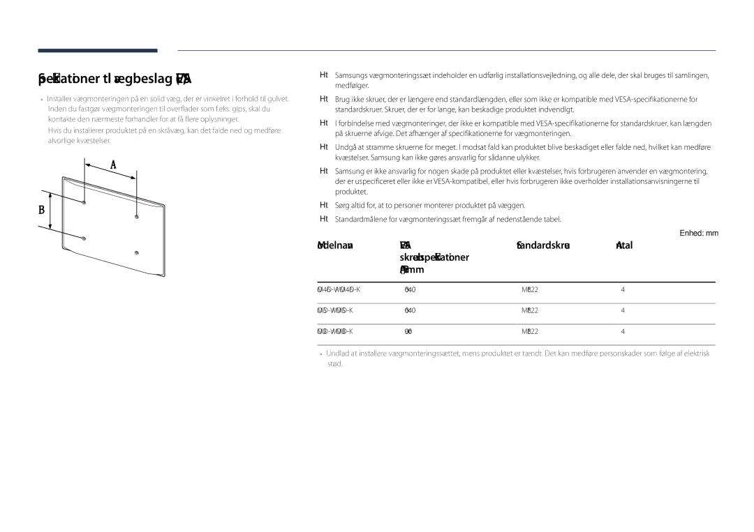 Samsung LH75OMDPWBC/EN, LH46OMDPWBC/EN, LH75OMDPKBC/EN manual Specifikationer til vægbeslag Vesa, Standardskrue Antal, I mm 