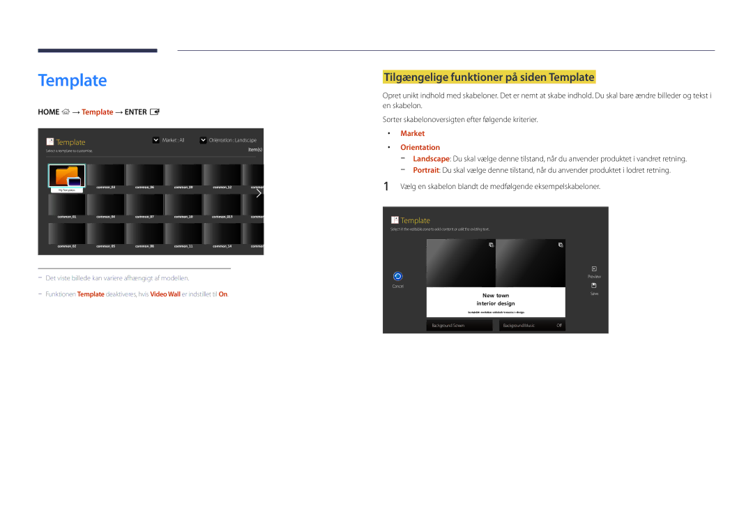 Samsung LH55OMDPKBC/EN manual Tilgængelige funktioner på siden Template, Home → Template → Enter E, Market, Orientation 