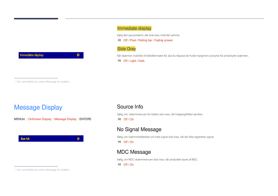 Samsung LH75OMDPKBC/EN, LH46OMDPWBC/EN, LH75OMDPWBC/EN manual Message Display, Source Info, No Signal Message, MDC Message 