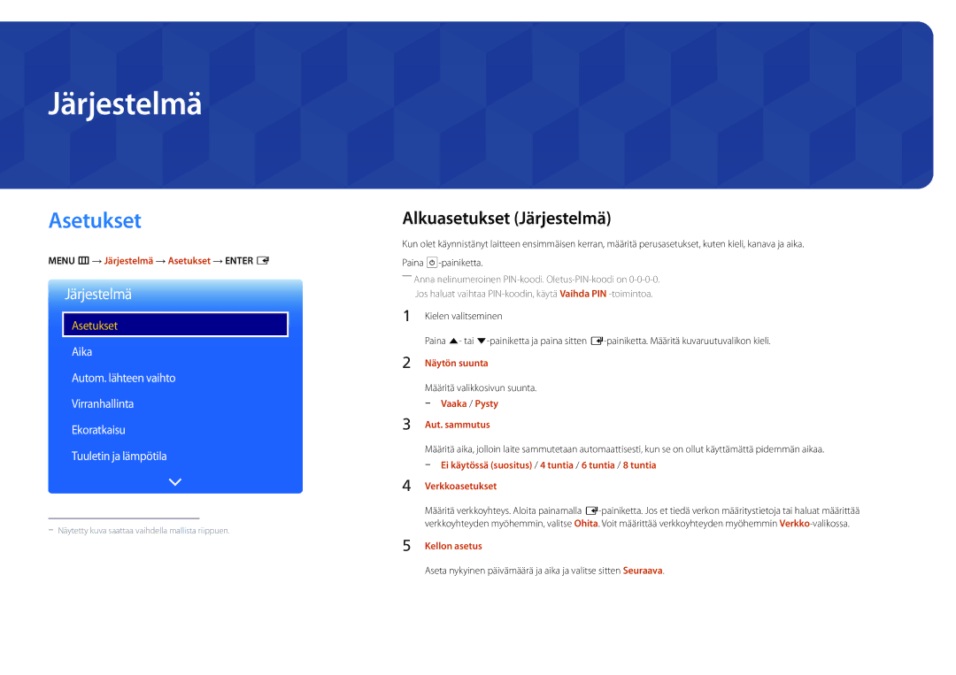 Samsung LH75OMDPWBC/EN, LH46OMDPWBC/EN, LH75OMDPKBC/EN, LH55OMDPWBC/EN manual Asetukset, Alkuasetukset Järjestelmä 