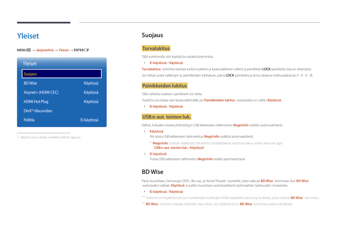 Samsung LH75OMDPKBC/EN, LH46OMDPWBC/EN, LH75OMDPWBC/EN, LH55OMDPWBC/EN, LH46OMDPKBC/EN manual Yleiset, Suojaus, BD Wise 