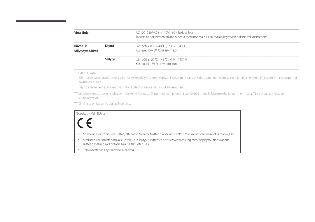 Samsung LH46OMDPWBC/EN, LH75OMDPWBC/EN, LH75OMDPKBC/EN, LH55OMDPWBC/EN manual Virtalähde, Käyttö- ja, Säilytysympäristö 