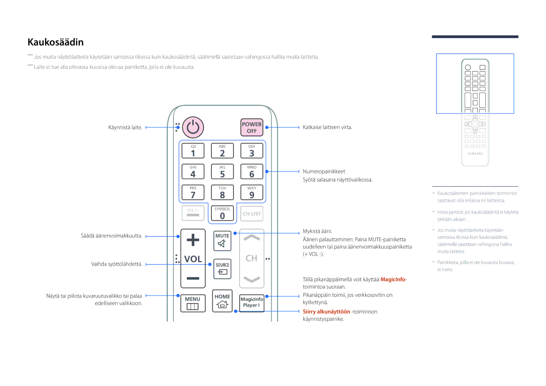 Samsung LH75OMDPWBC/EN, LH46OMDPWBC/EN, LH75OMDPKBC/EN, LH55OMDPWBC/EN, LH46OMDPKBC/EN, LH55OMDPKBC/EN manual Kaukosäädin, Vol 