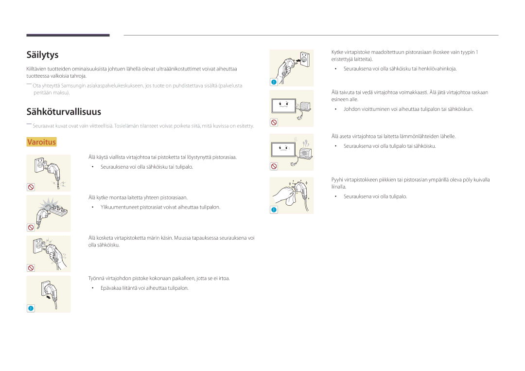 Samsung LH46OMDPWBC/EN, LH75OMDPWBC/EN, LH75OMDPKBC/EN, LH55OMDPWBC/EN, LH46OMDPKBC/EN manual Säilytys, Sähköturvallisuus 