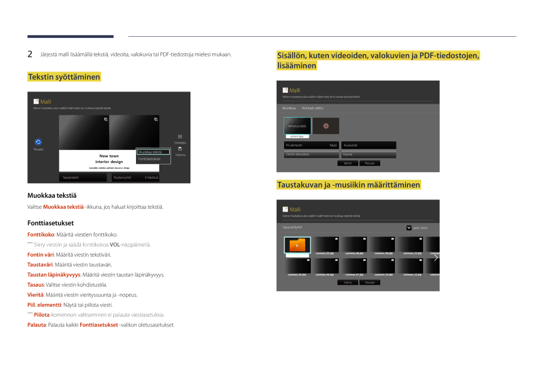 Samsung LH46OMDPWBC/EN Tekstin syöttäminen, Taustakuvan ja -musiikin määrittäminen, Fonttikoko Määritä viestien fonttikoko 