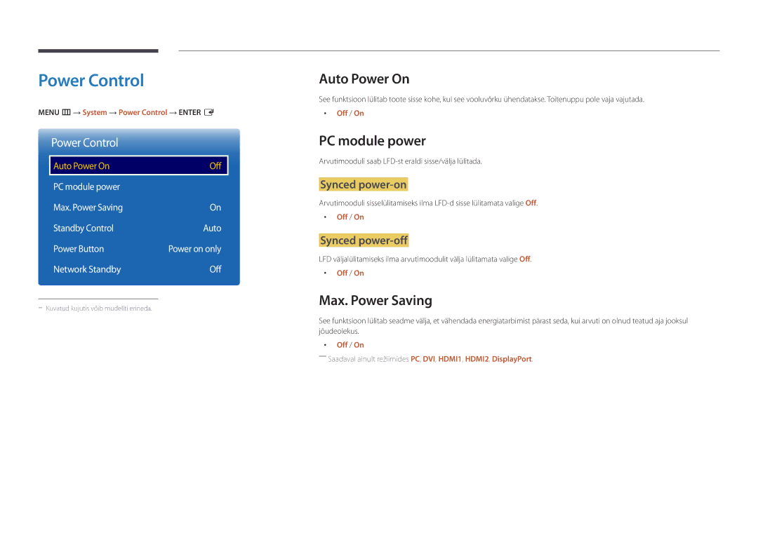 Samsung LH55OMDPKBC/EN, LH46OMDPWBC/EN, LH75OMDPWBC/EN Power Control, Auto Power On, PC module power, Max. Power Saving 