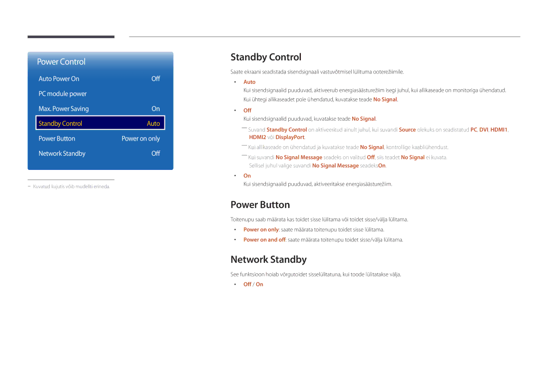 Samsung LH46OMDPWBC/EN Standby Control, Power Button, Network Standby, Auto Power On Off PC module power Max. Power Saving 