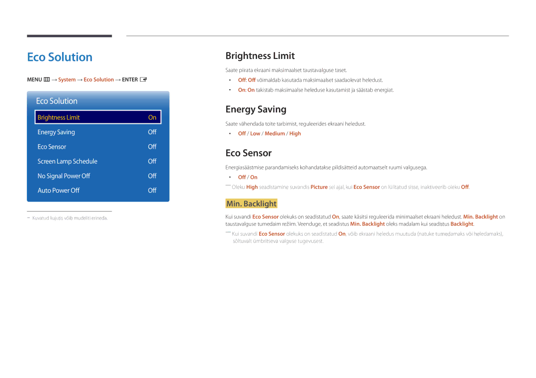 Samsung LH75OMDPWBC/EN, LH46OMDPWBC/EN, LH75OMDPKBC/EN manual Eco Solution, Brightness Limit, Energy Saving, Eco Sensor 