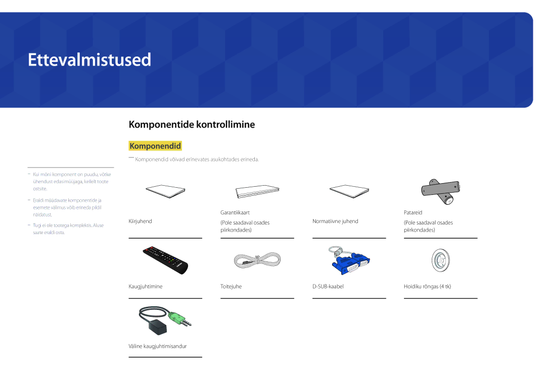 Samsung LH46OMDPWBC/EN, LH75OMDPWBC/EN, LH75OMDPKBC/EN manual Ettevalmistused, Komponentide kontrollimine, Komponendid 