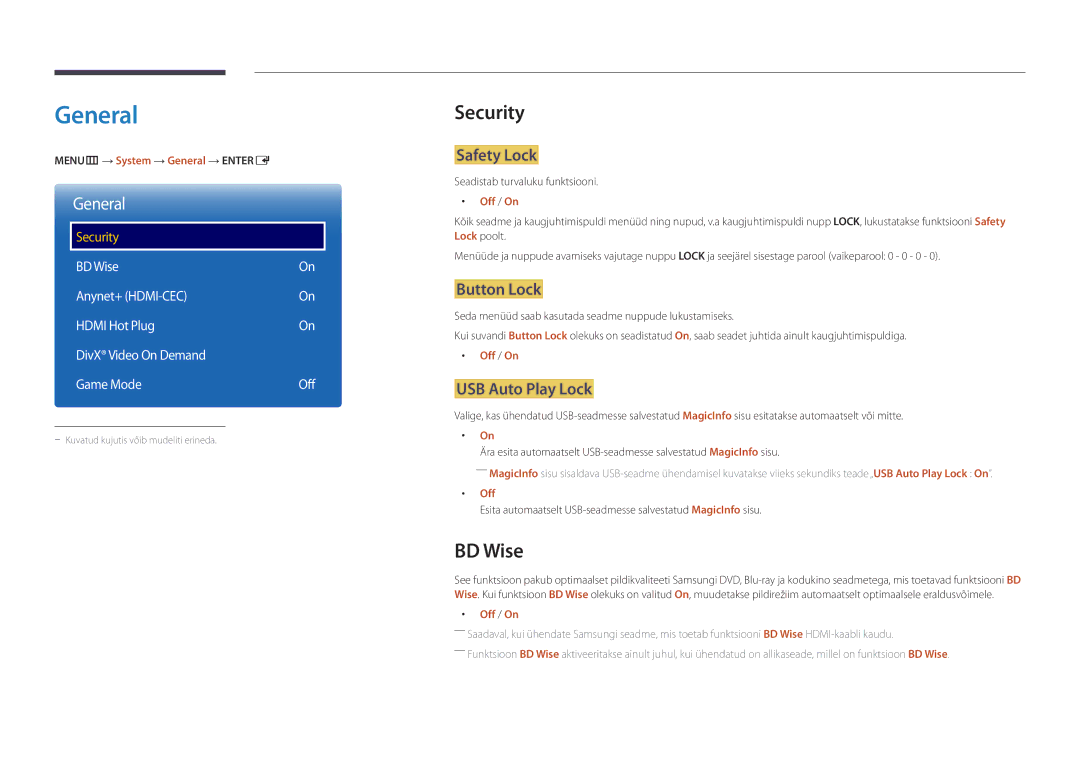 Samsung LH75OMDPKBC/EN, LH46OMDPWBC/EN, LH75OMDPWBC/EN, LH55OMDPWBC/EN, LH46OMDPKBC/EN manual General, Security, BD Wise 