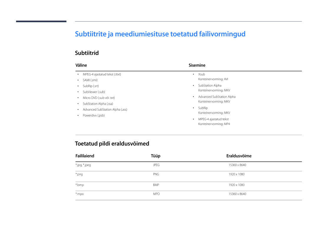 Samsung LH46OMDPKBC/EN Subtiitrite ja meediumiesituse toetatud failivormingud, Subtiitrid, Toetatud pildi eraldusvõimed 