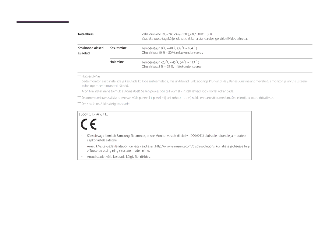 Samsung LH46OMDPWBC/EN, LH75OMDPWBC/EN, LH75OMDPKBC/EN manual Toiteallikas, Keskkonna-alased Kasutamine, Asjaolud, Hoidmine 