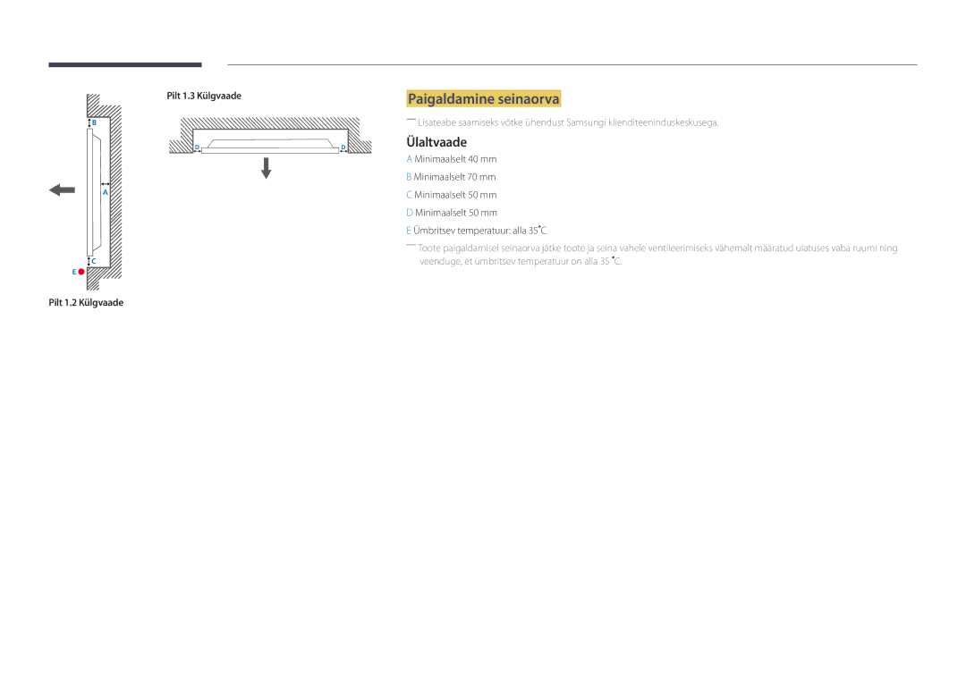 Samsung LH55OMDPKBC/EN, LH46OMDPWBC/EN manual Paigaldamine seinaorva, Ülaltvaade, Pilt 1.2 Külgvaade Pilt 1.3 Külgvaade 