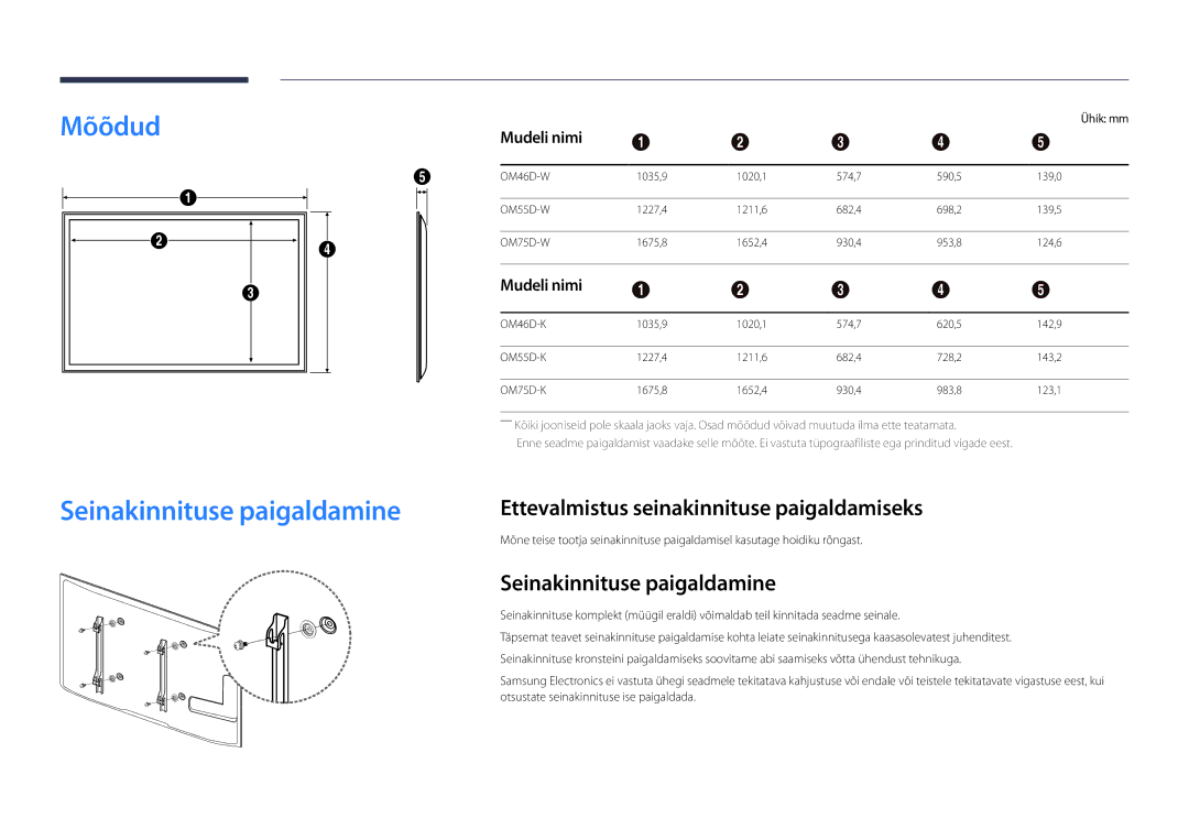 Samsung LH46OMDPWBC/EN manual Mõõdud Seinakinnituse paigaldamine, Ettevalmistus seinakinnituse paigaldamiseks, Mudeli nimi 