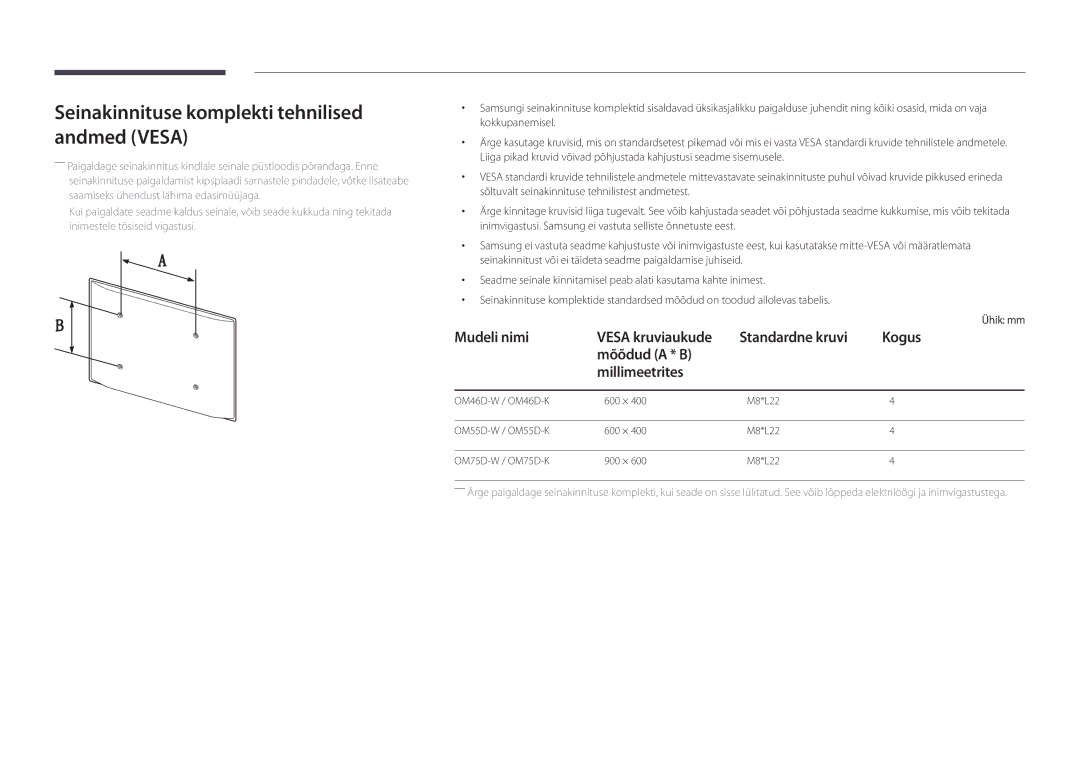 Samsung LH75OMDPWBC/EN, LH46OMDPWBC/EN, LH75OMDPKBC/EN, LH55OMDPWBC/EN manual Seinakinnituse komplekti tehnilised andmed Vesa 