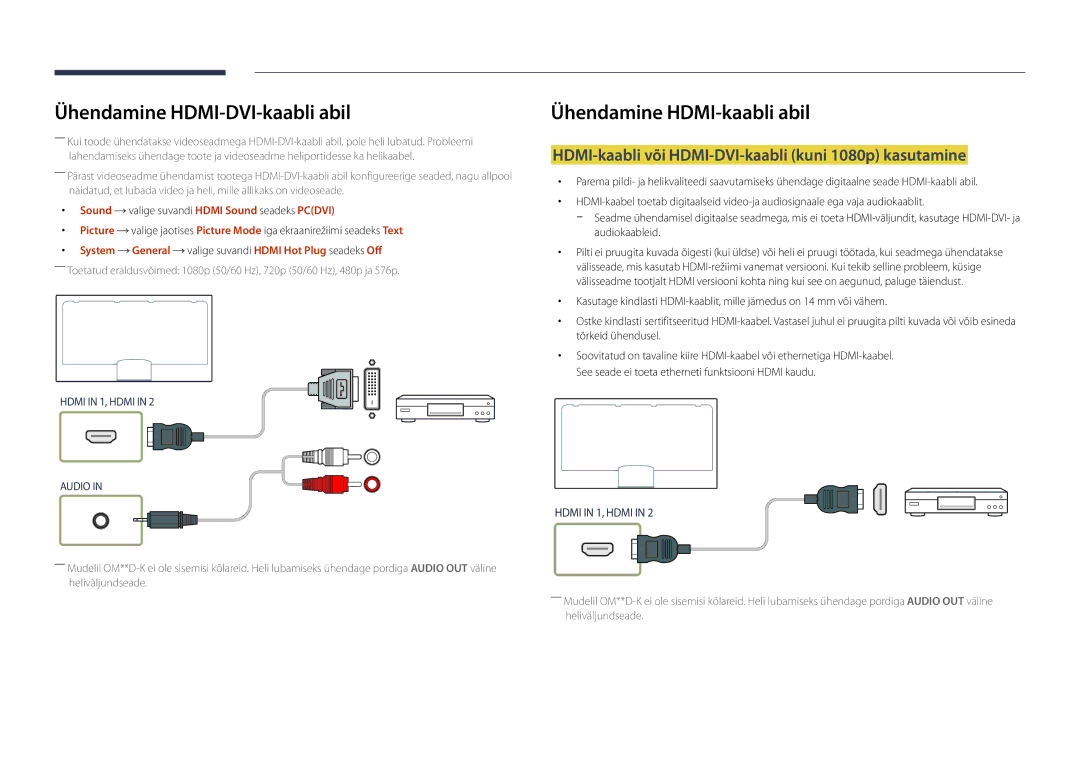 Samsung LH46OMDPWBC/EN, LH75OMDPWBC/EN manual HDMI-kaabli või HDMI-DVI-kaabli kuni 1080p kasutamine, Sound, Picture 