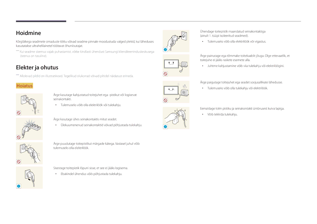 Samsung LH46OMDPWBC/EN, LH75OMDPWBC/EN, LH75OMDPKBC/EN, LH55OMDPWBC/EN, LH46OMDPKBC/EN manual Hoidmine, Elekter ja ohutus 