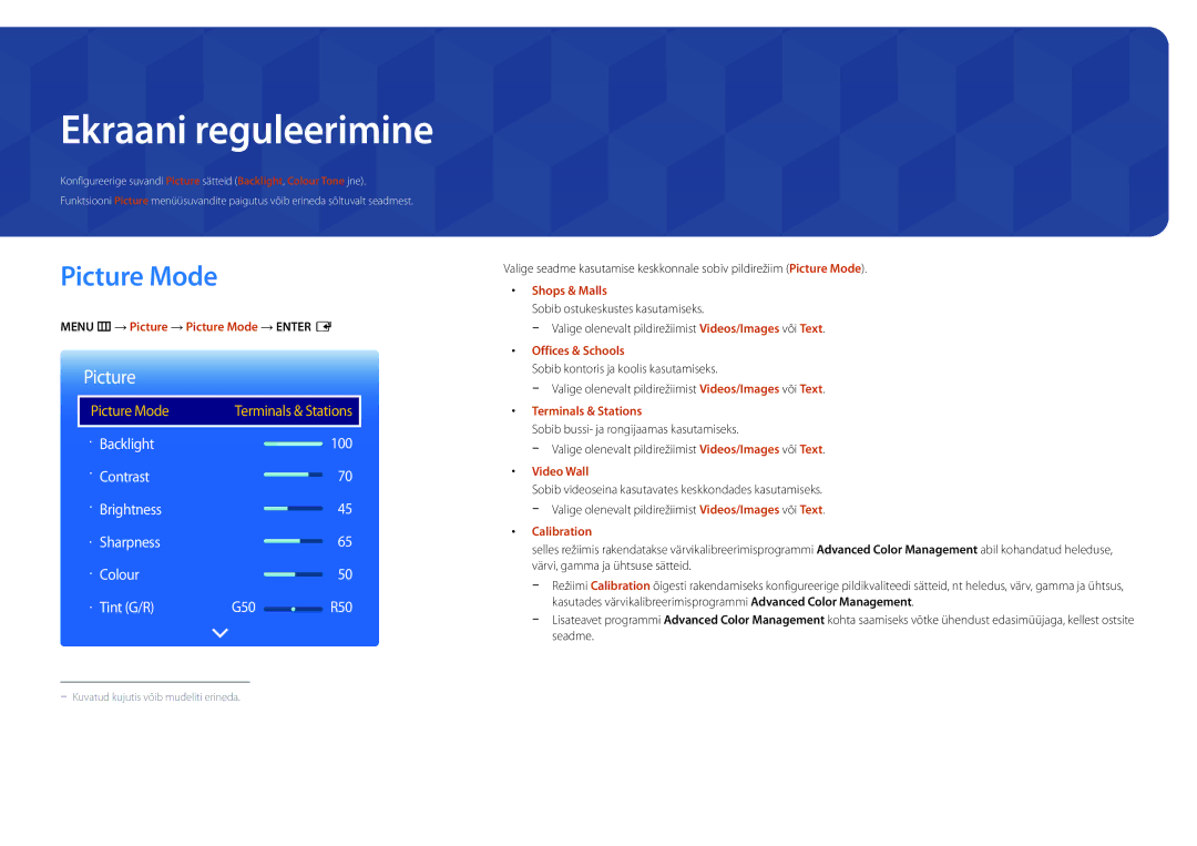 Samsung LH46OMDPWBC/EN, LH75OMDPWBC/EN, LH75OMDPKBC/EN Ekraani reguleerimine, Menu m → Picture → Picture Mode → Enter E 