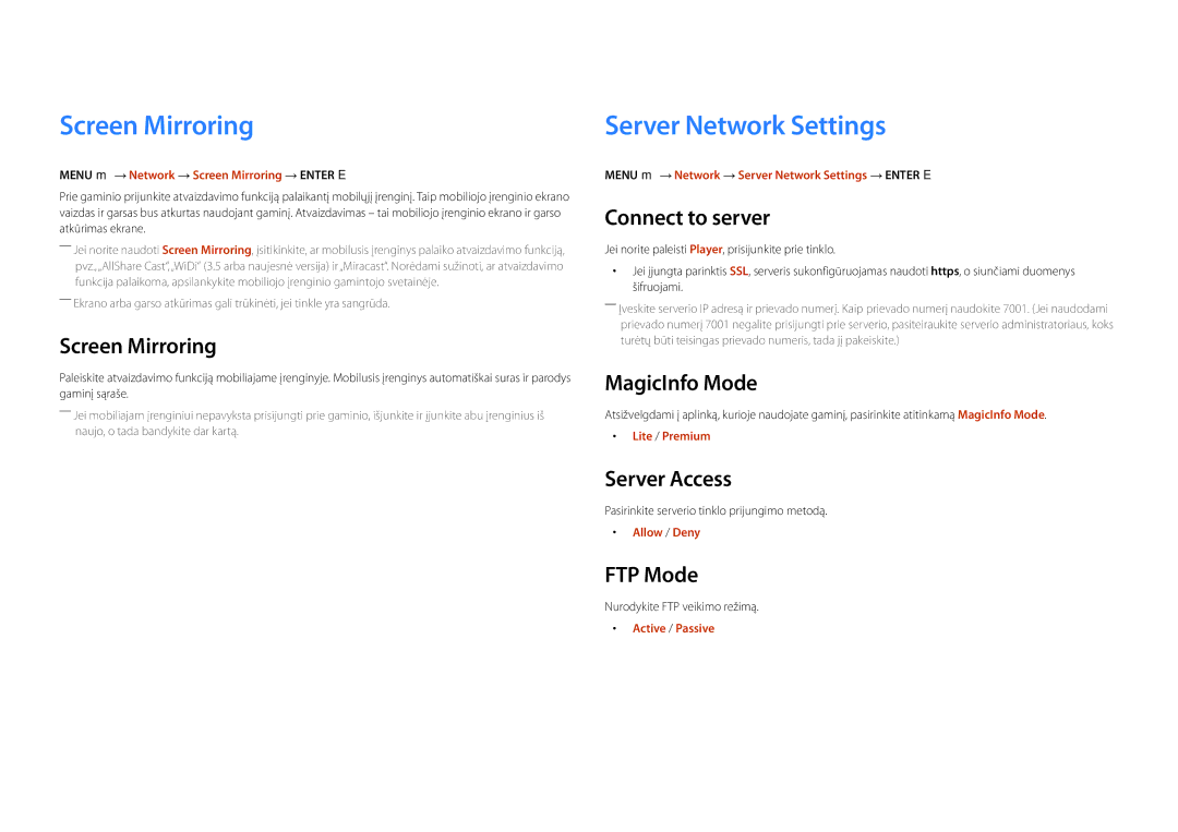 Samsung LH55OMDPKBC/EN, LH46OMDPWBC/EN, LH75OMDPWBC/EN, LH75OMDPKBC/EN manual Screen Mirroring, Server Network Settings 