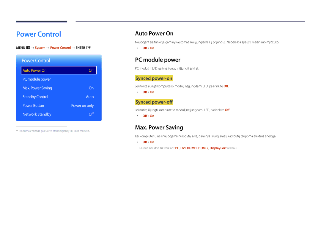 Samsung LH55OMDPKBC/EN, LH46OMDPWBC/EN, LH75OMDPWBC/EN Power Control, Auto Power On, PC module power, Max. Power Saving 