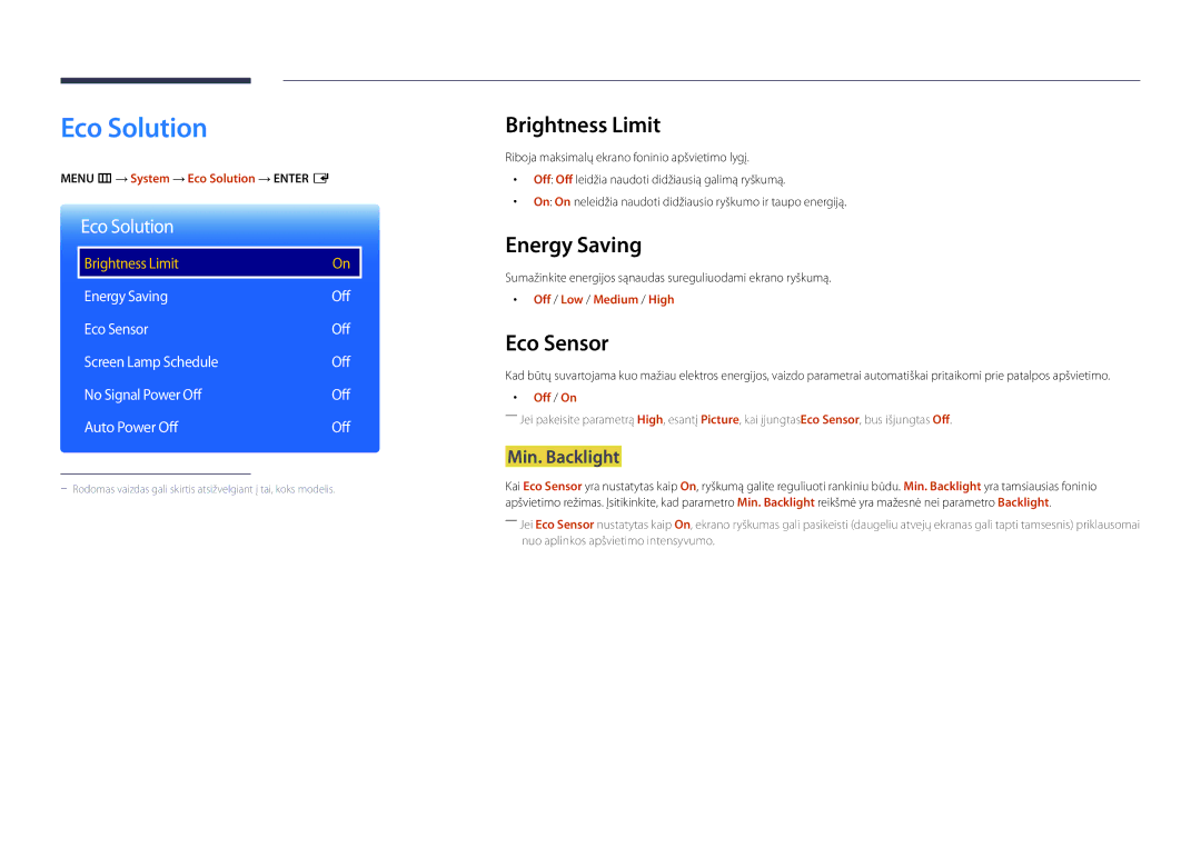 Samsung LH75OMDPWBC/EN, LH46OMDPWBC/EN, LH75OMDPKBC/EN manual Eco Solution, Brightness Limit, Energy Saving, Eco Sensor 