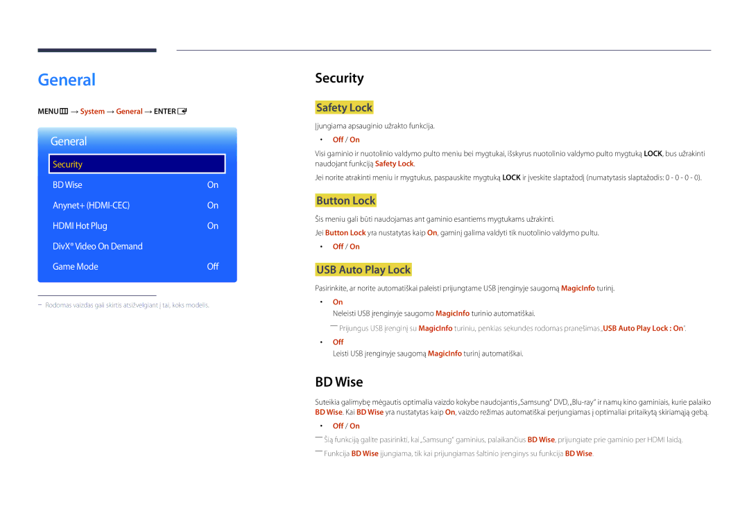 Samsung LH75OMDPKBC/EN, LH46OMDPWBC/EN, LH75OMDPWBC/EN, LH55OMDPWBC/EN, LH46OMDPKBC/EN manual General, Security, BD Wise 