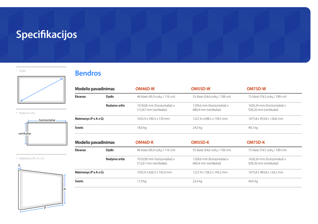 Samsung LH55OMDPKBC/EN, LH46OMDPWBC/EN, LH75OMDPWBC/EN, LH75OMDPKBC/EN manual Specifikacijos, Bendros, Modelio pavadinimas 