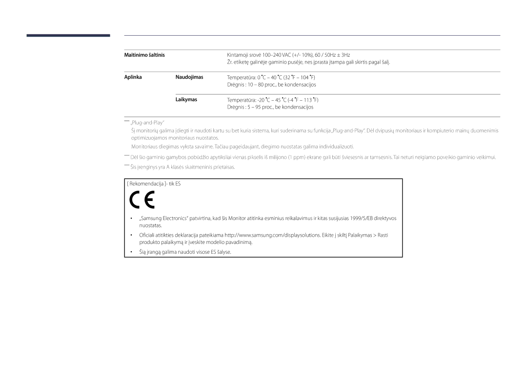 Samsung LH46OMDPWBC/EN, LH75OMDPWBC/EN, LH75OMDPKBC/EN, LH55OMDPWBC/EN manual Maitinimo šaltinis, Aplinka Naudojimas, Laikymas 