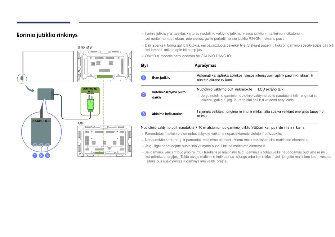 Samsung LH46OMDPKBC/EN, LH46OMDPWBC/EN, LH75OMDPWBC/EN, LH75OMDPKBC/EN, LH55OMDPWBC/EN Išorinio jutiklio rinkinys, Aprašymas 