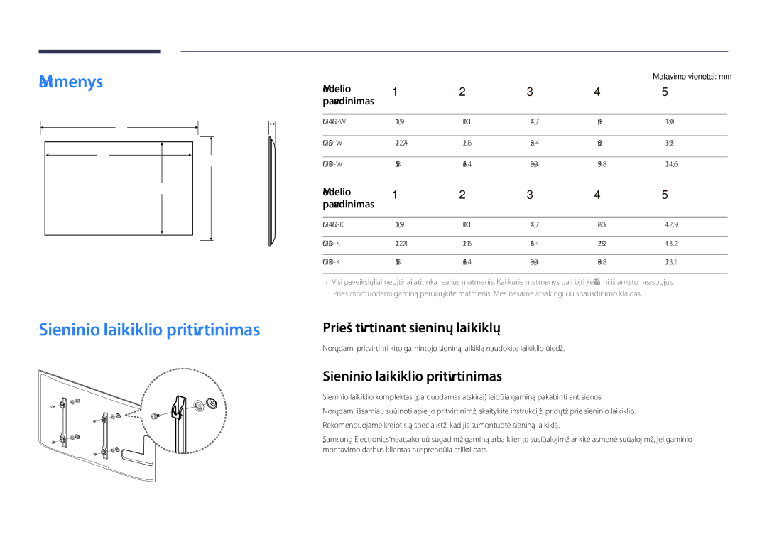 Samsung LH46OMDPWBC/EN manual Matmenys Sieninio laikiklio pritvirtinimas, Prieš tvirtinant sieninį laikiklį, Modelio 